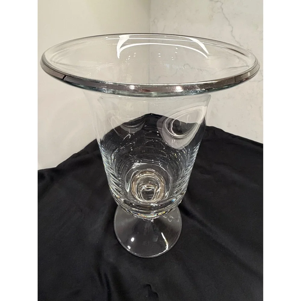 Vtg Large Miller Rogaska Lead Crystal Flared Rim Platinum Trim Hurricane Vase